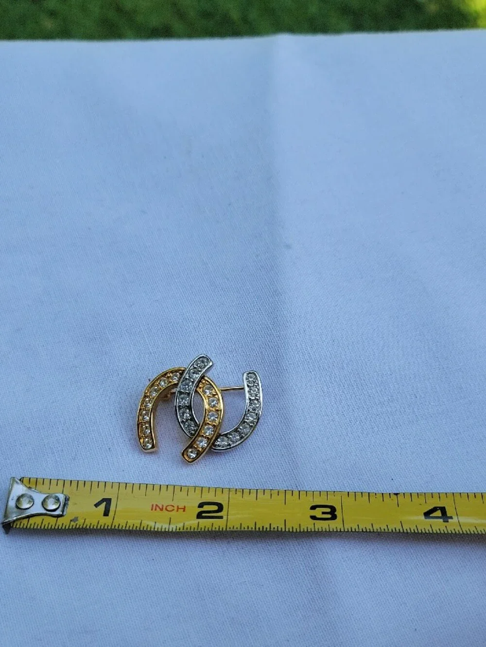 Vintage Joan Rivers Two-Tone Gold and Silver Crystal Horseshoe Brooch Good Luck